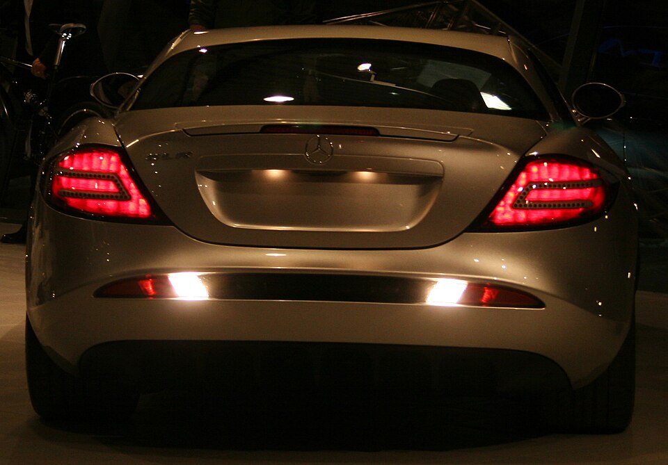 Rear view of a Mercedes-Benz SLR McLaren showing its tail lamps and brake lights